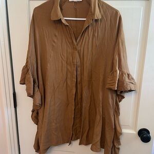 Camel color button up blouse with side ruffle detail